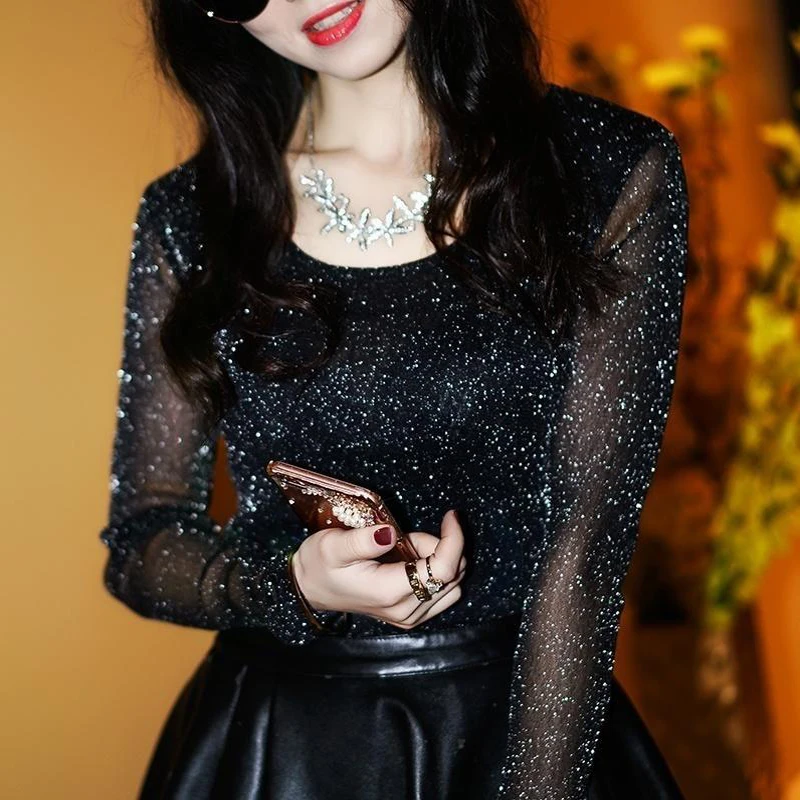 Женская прозрачная сетчатая блузка, элегантная прозрачная блестящая рубашка с длинным рукавом, модные женские топы, осень-лето 2019