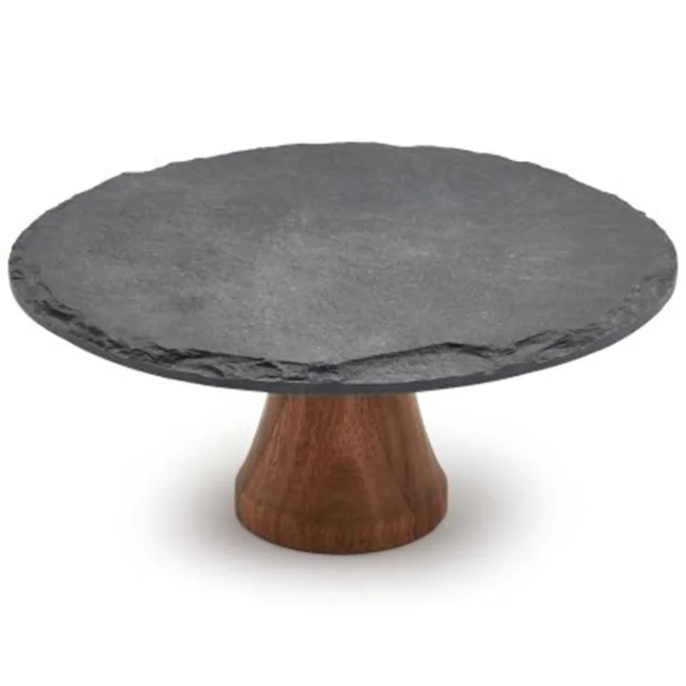 Eco-Friendly Natural Round Slate Cake Plate For Dessert With Wooden Stand