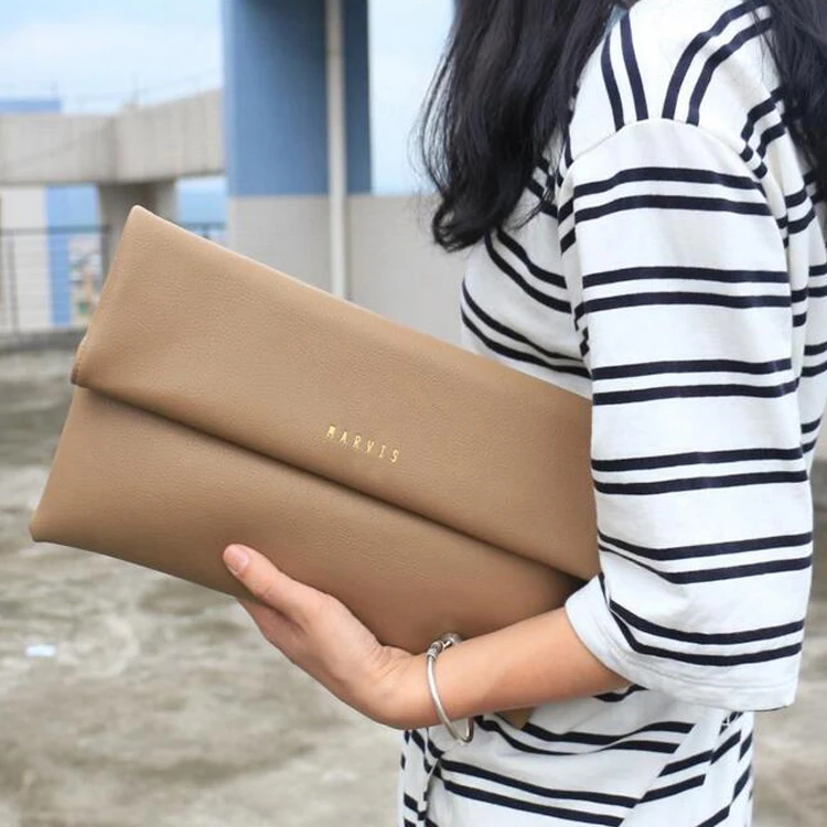 Hot Sale Genuine Pebbled Leather Pouch Women Fold-over Clutch Fashion Lady Hand Bags with removable strap