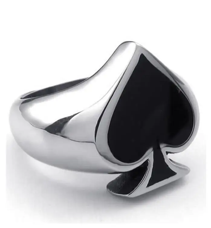 Mens Womens Stainless Steel Ring, Playing Card Poker Spade, Black Silver