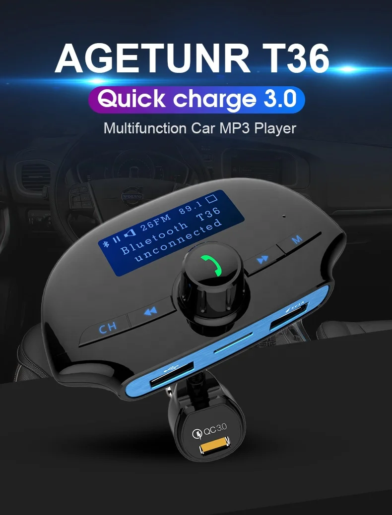 AGETUNR T36 2023 New BT V5.0 USB ports HandsFree Calling Car Kit U disk/SD Card 18W QC3.0 FAST charger FM Transmitter MP3 Player
