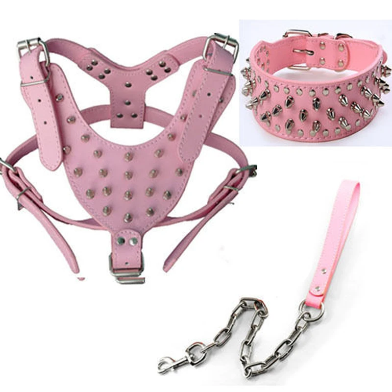Wholesale OEM Manufacture PU Leather Dog Collar & Harness Leash Set Spiked Studded Pet Vest Accessories