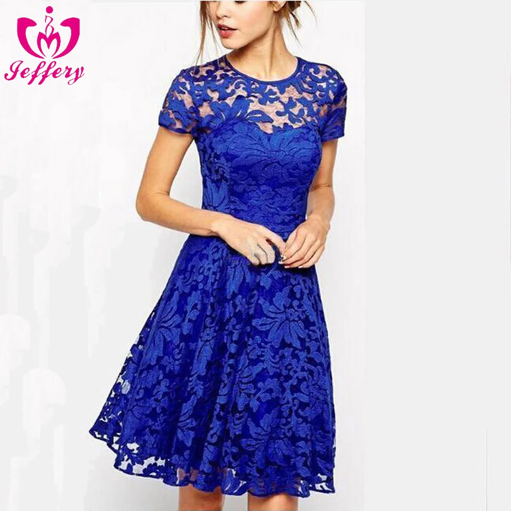 Hot new fashion temperament round neck short-sleeved blue lace cocktail dress