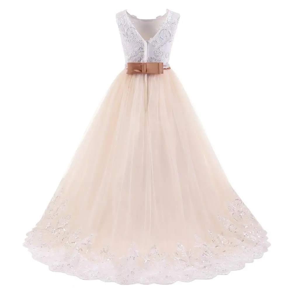 Fashion Embroidery Lace Floral Belt Kids Girls Party Dress