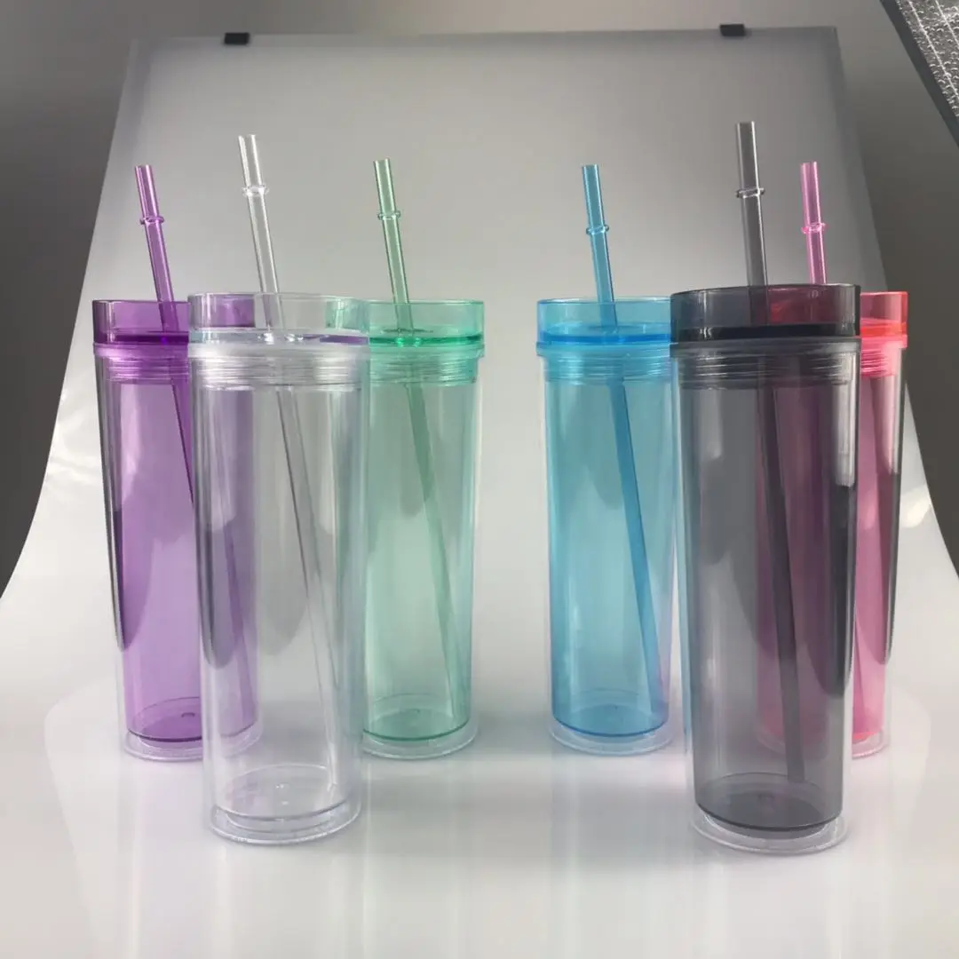 Popular BPA free colorful 16oz acrylic Skinny tumbler with Lid and Straw  double wall reusable plastic skinny tumbler