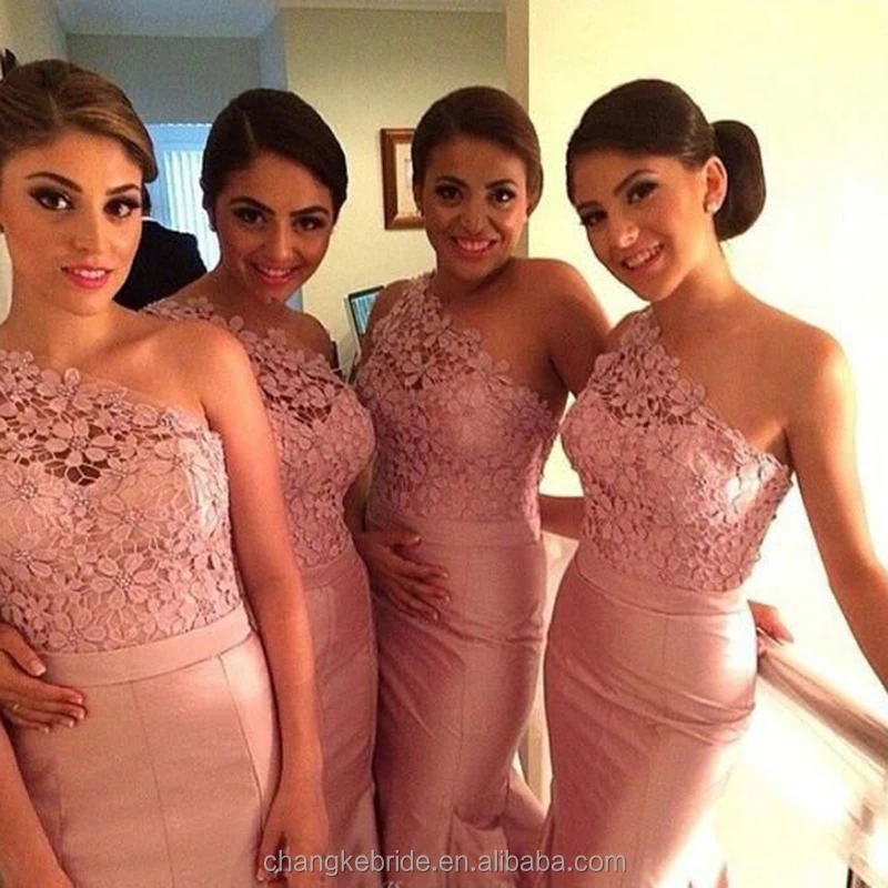 
New Designs Bridesmaid Dresses Wedding Party Mermaid Rusty Pink One Shoulder Floral Bridesmaid Dress Tube China Manufacture 2018 