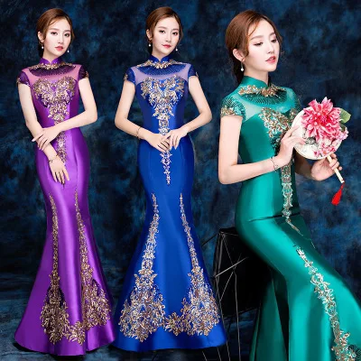 
Chinese Traditional Dress For Women High Neck Cap Sleeves Mermaid evening dress Elegant Embroidered cheongsam 