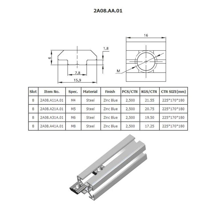 Nut 2A08.AA.01 High quality Zinc plated steel T slot nut for aluminum profile slot 8 slide hammer nut