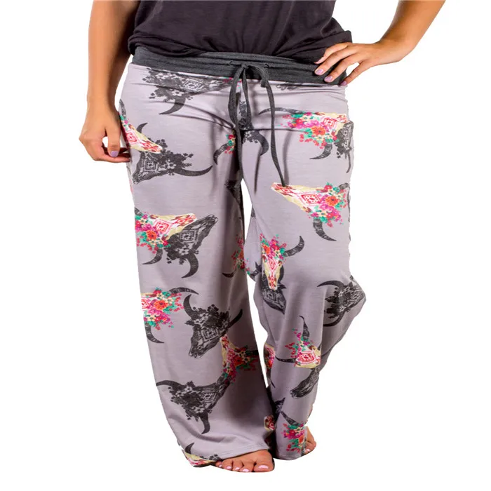 Wholesale Leisure Yoga Antlers Bull Head Print Wide Leg Pants