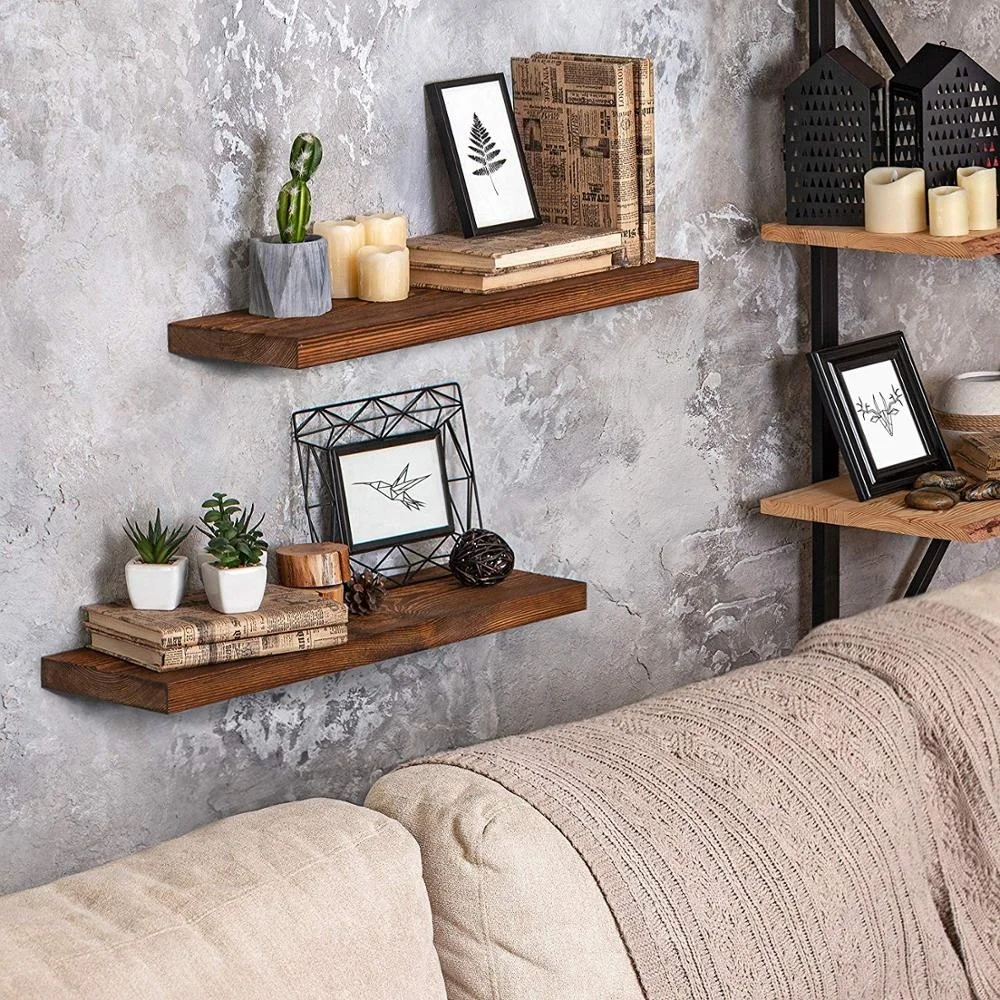 Set of 2 with hidden invisible T-shaped Brackets Rustic Russian Pine Wood Wall Decor Wooden  Floating Shelves