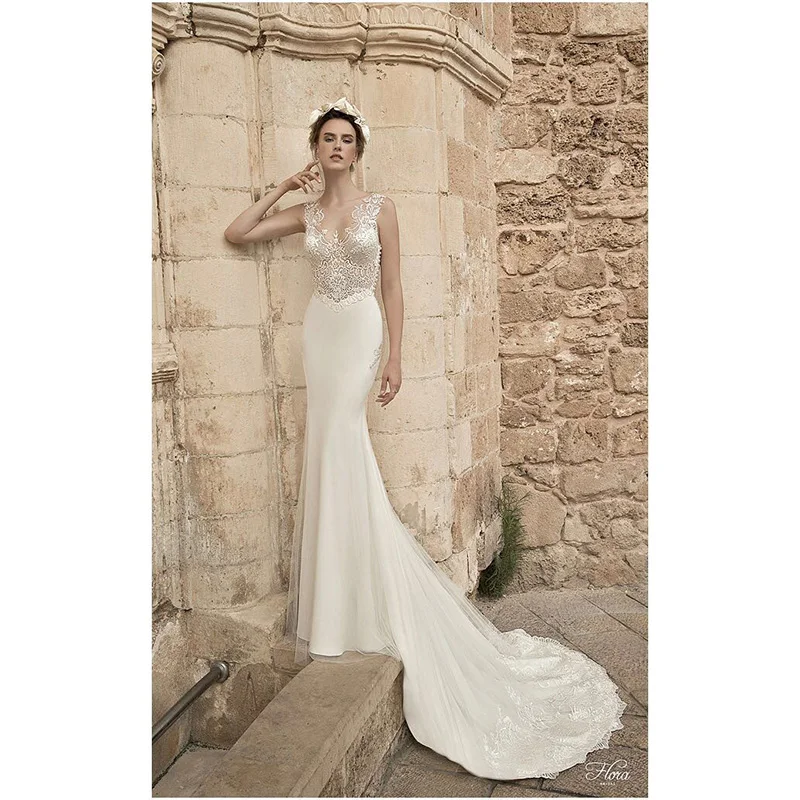 Eslieb A47 Online V-neck plain shine lace court train design mermaid trumpet long trail wedding dress