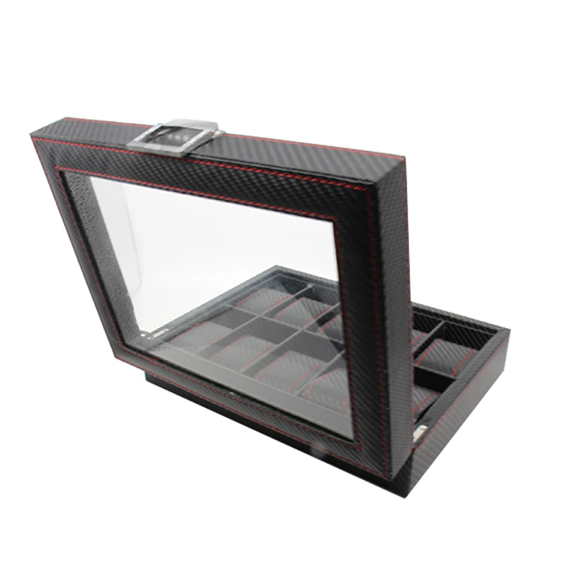 Carbon Fiber 10 Slots Oem custom  luxury black  pu leather watch storage display box ladies watch packaging gift box with pillow