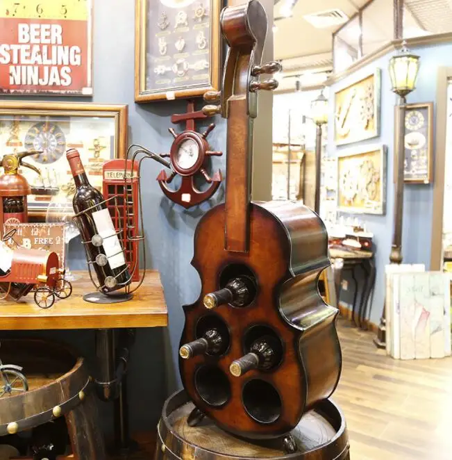 Mettle Hot Sale Wholesale Big Handmade Retro Violin Wooden Creative Wine Holder For Bar Decoration