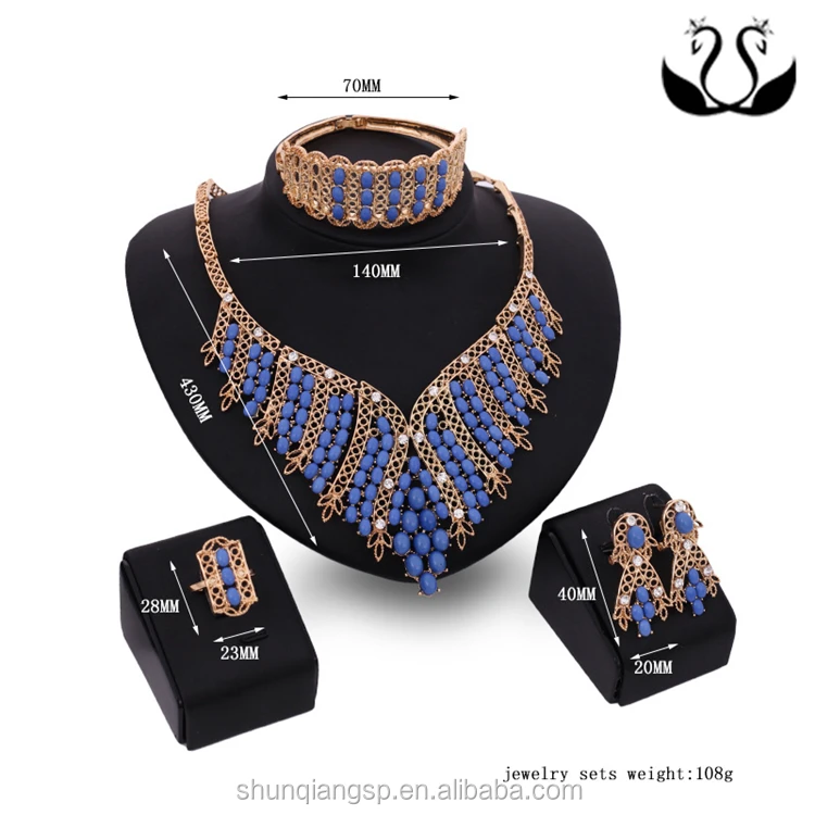 Elegant Women Gold Plating African Blue Beads Jewelry Set Wholesale