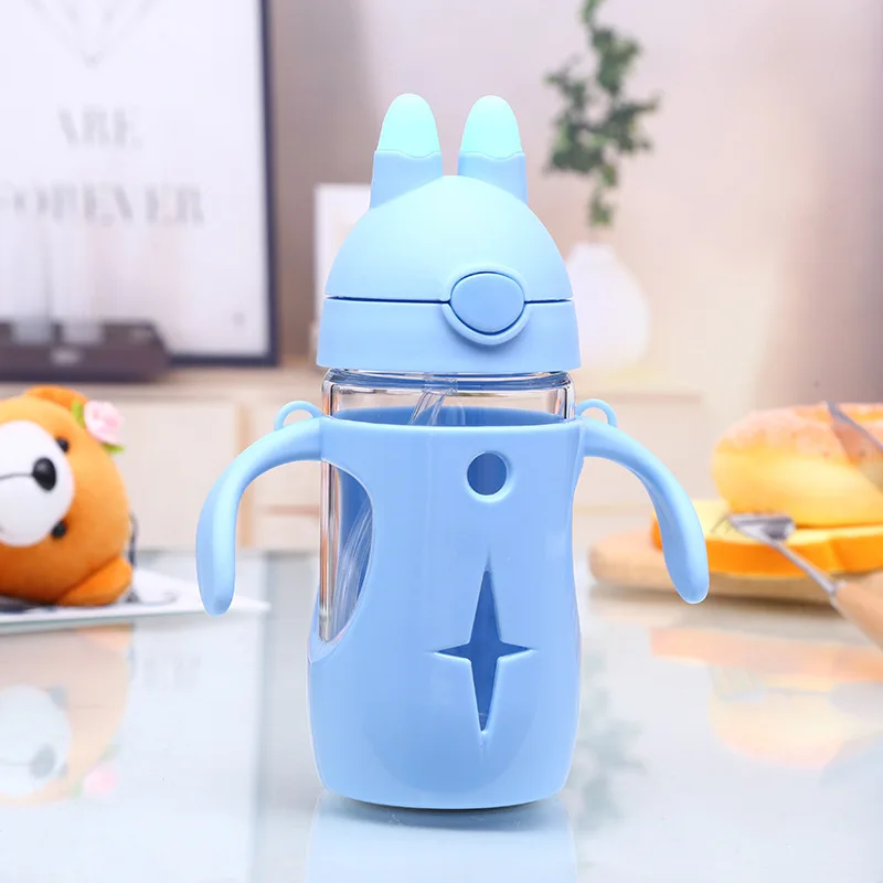 Promotional Custom Sports High Borosilicate Kids Water Bottle with protective cover and double handle portable 300ml
