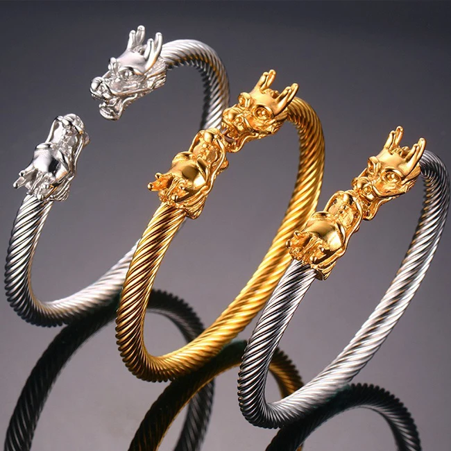 Manufacturers direct wholesale 10MM stainless steel wiya Dragon head open bracelet punk man bracelet