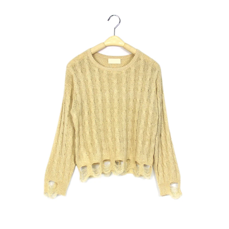 
New arrivals spring round neck hollow out loose crochet long sleeve jumper knit ladies pullover sweater 