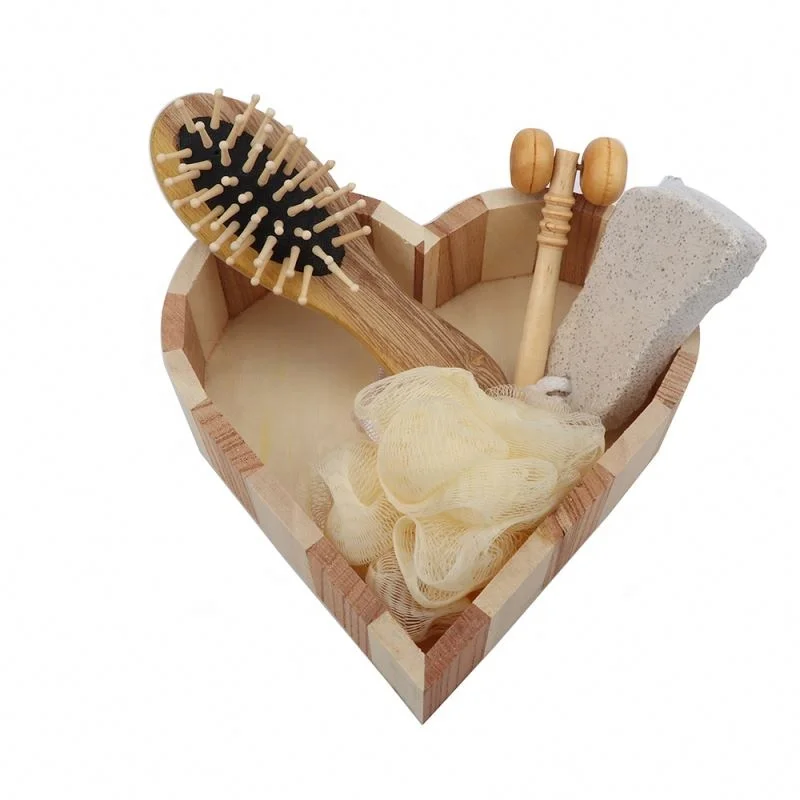 
Promotional wood heart box 5pcs bath accessory set, Loofah Brush /comb Wooden box spa set /Bath Gift Set 
