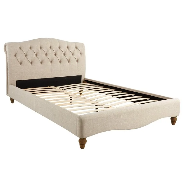 
deep buttoned sleigh headboard low foot end double size linene fabric upholstered bed 
