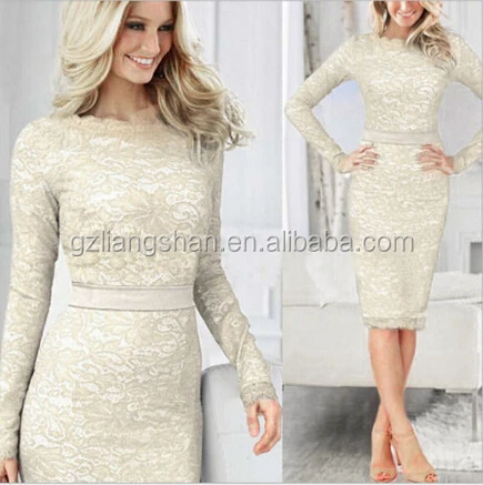 
OEM Wholesale New Sexy Women Winter Dress Long Sleeve Bodycon White Lace Knee Length Pencil Dress Party Dress 