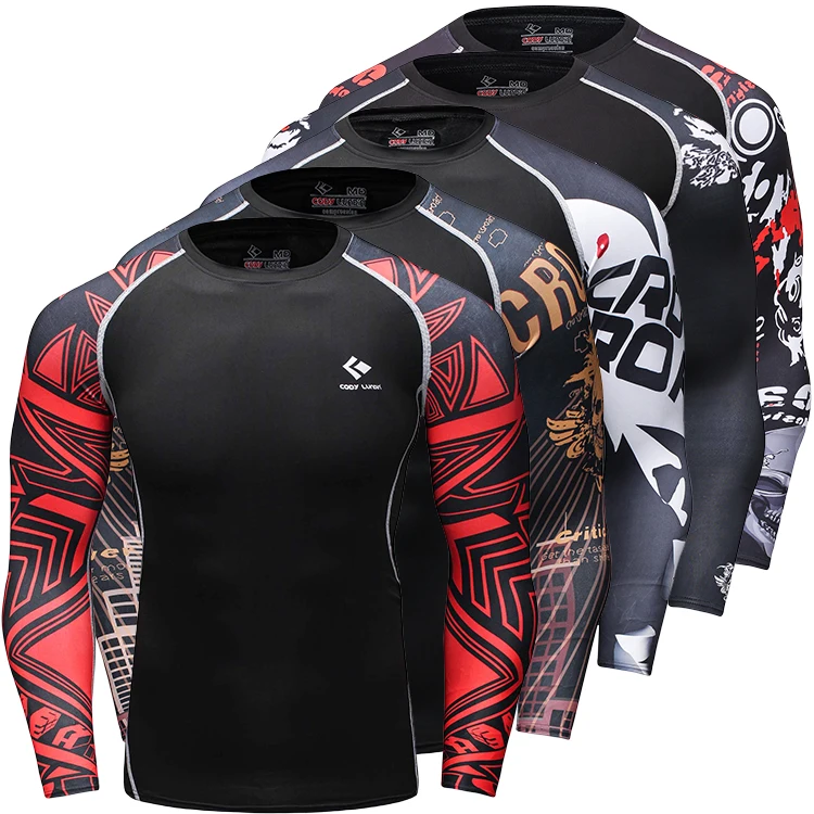 Custom logo 3d printed shirt men mma long sleeve rash guard waist band with rubber