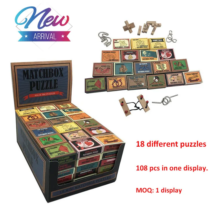 New promotion  educational toys mini wooden and metal brain teaser game  traditional match box  puzzle Pyramid