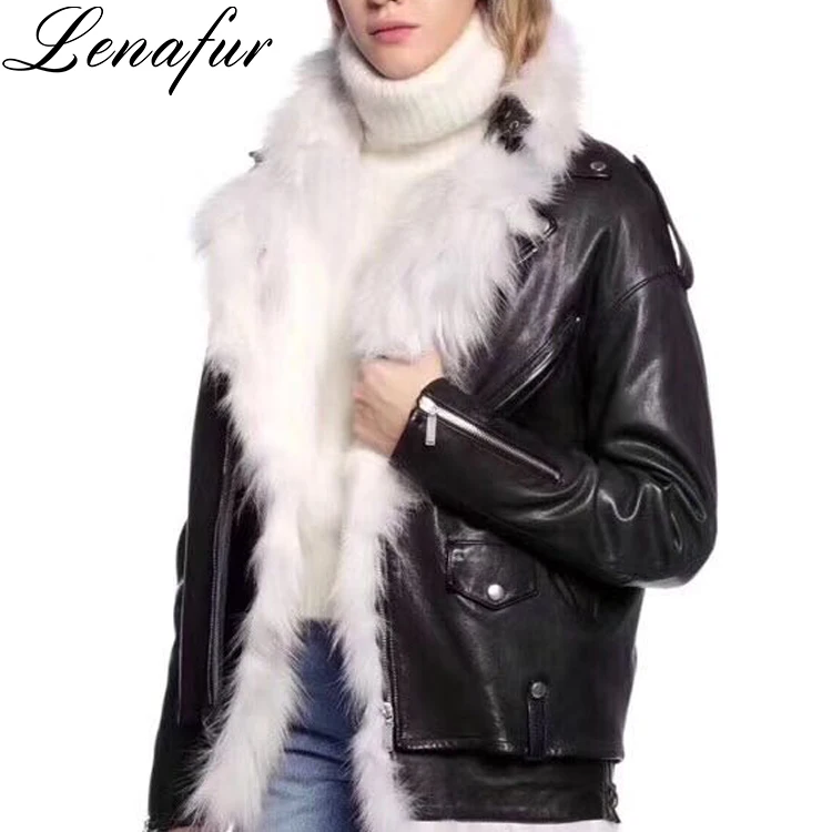 Italian Women Short Two-in-one Real Fox Fur Liner Lambskin Leather Jacket Genuine Sheepskin Leather Bomber Jacket Coat Jacket