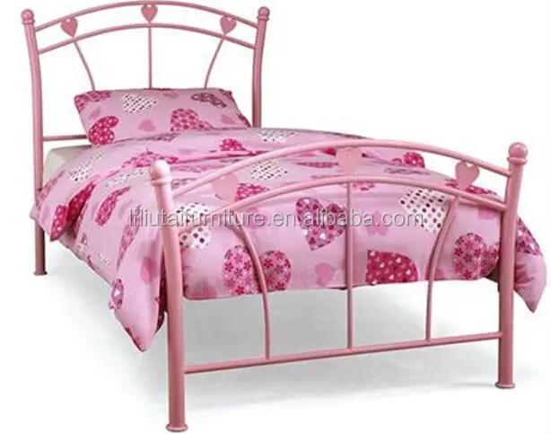 Home Bedroom Girls Twin Metal Bed with Pink Heart Motifs
