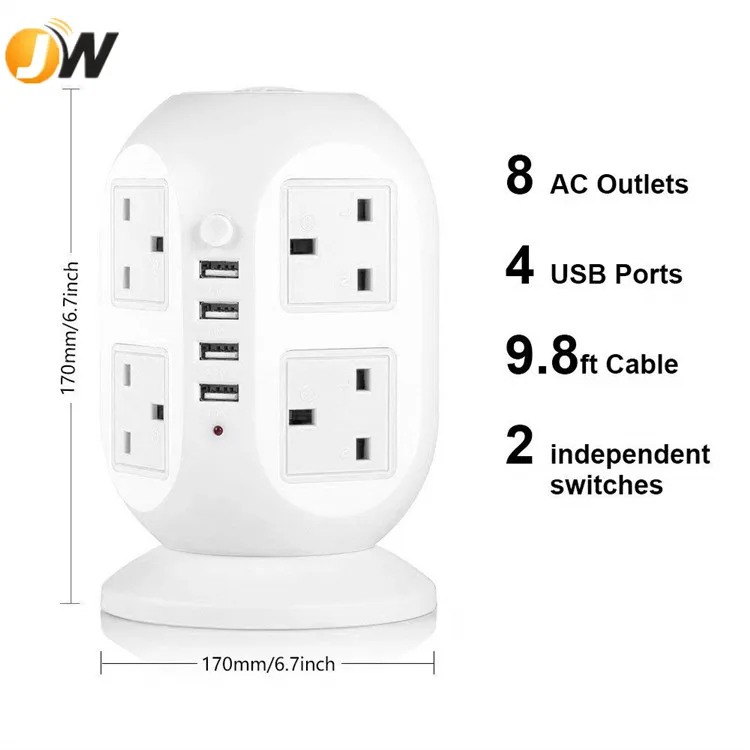 3M/9.8ft Extension Lead,4 USB Ports 8 Way Outlets Tower Power Strip Vertical Socket with Surge Protector Overload Protection