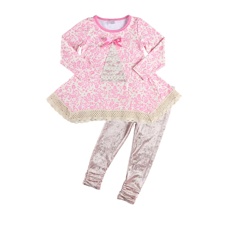 Girls Winter Boutique Clothing Wholesale Velvet Tree Applique Kids Christmas Outfits