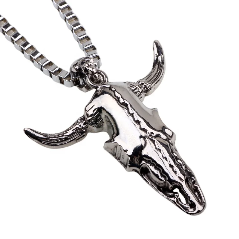 Vintage Mens Metal Chains Alloy Skull & Cow Head Pendant Necklace