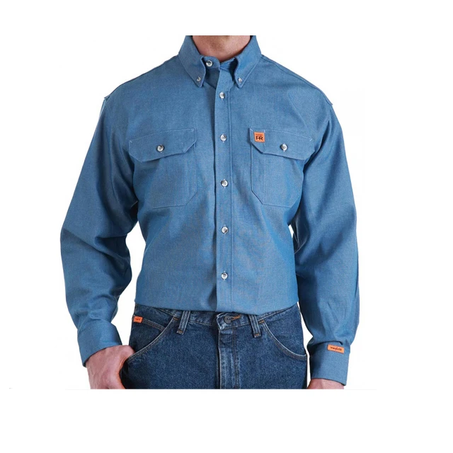 HRC level 2 100% cotton FR cotton button down FR denim work shirt with pocket flap