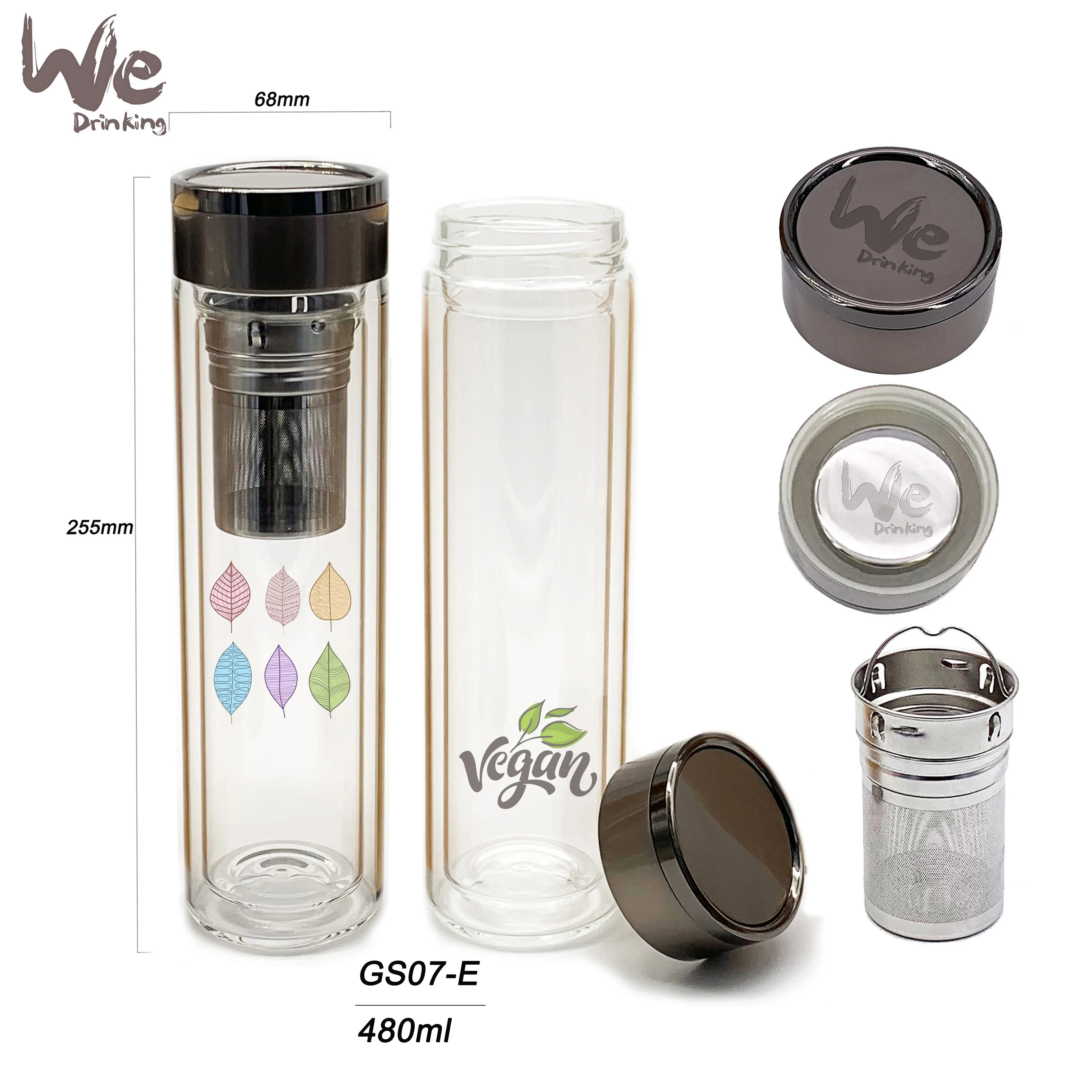 GS07-E 480ml High Borosilicate Glass Water Bottle with Filter and Steel Lid for Loose Leaf Tea  Coffee and Milk