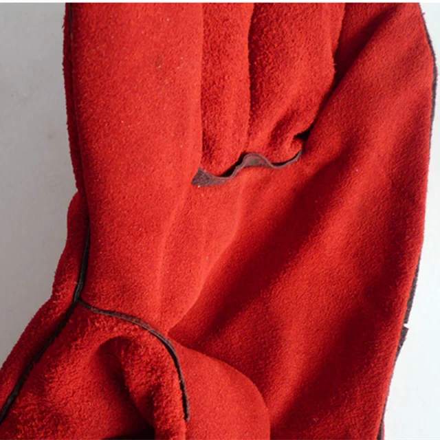 Red Color Long Warm Winter Lining Flannelet Cow Split Leather Tig Welding/Arc/Mig Sleeve Heat Resistant Protective Gloves