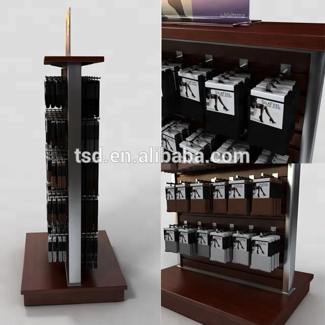 shop double sided wooden hanging socks display rack stand, store pop display for socks