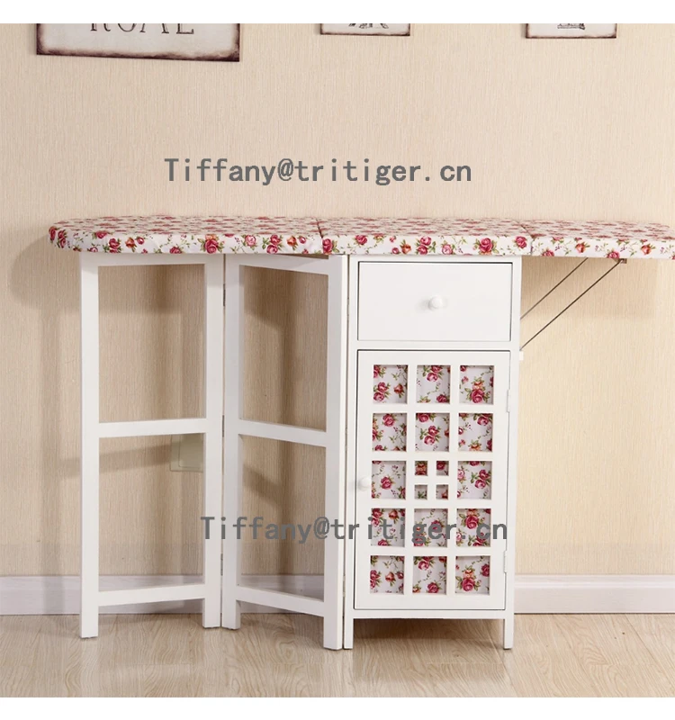 Antique White Foldable Iron Table modern Wicker Wood cabinet with Ironing Board
