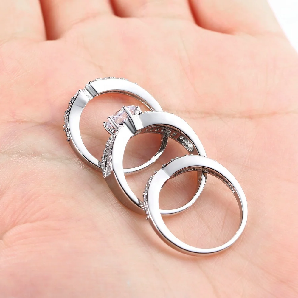 Oem design elegant fashionable low moq 18k white gold 3 piece cz engagement wedding rings sets for women YG018