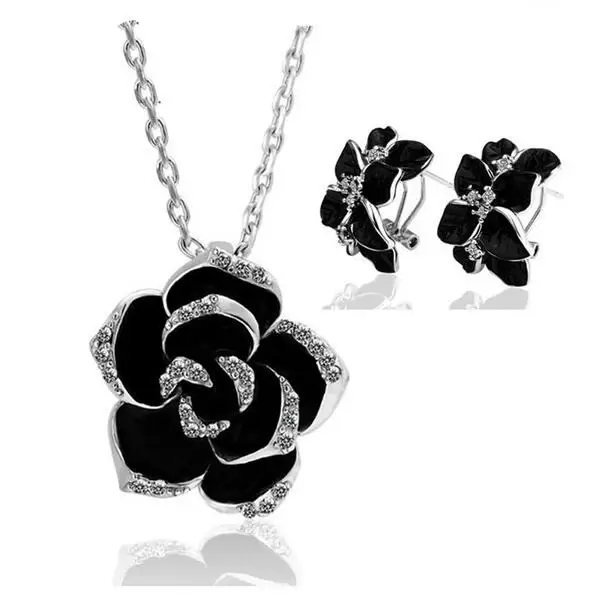 Camellia Design Pendant Plated Black Painting Rose Flower Necklace Earrings Jewelry Sets Gold Fashion Women Vintage Alloy Copper