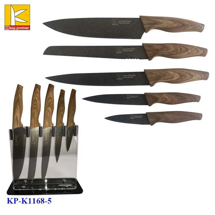 5pcs stainless steel non-stick coating wood pattern TPR handle chef set with acrylic block the kitchen knives