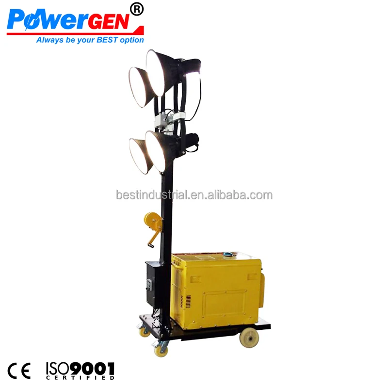 Cheapest Price !!! POWERGEN 50/60Hz Mobile Diesel Generator Tower 5KW 4.8m Metal Halide Lighting Portable Light Tower 4x250W