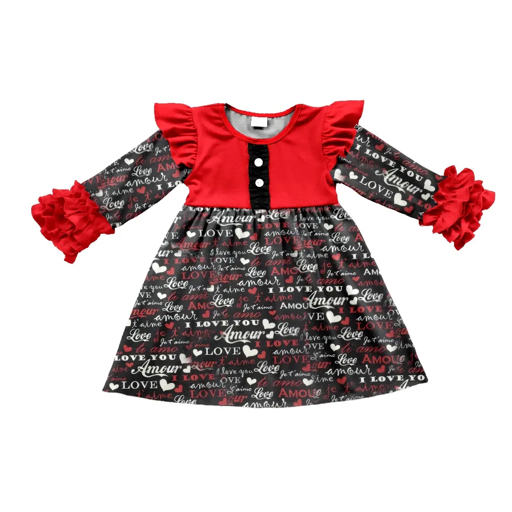 Дешевая детская одежда оптом плиссированное платье с длинным рукавом для маленьких девочек на День святого Валентина с рисунком любви