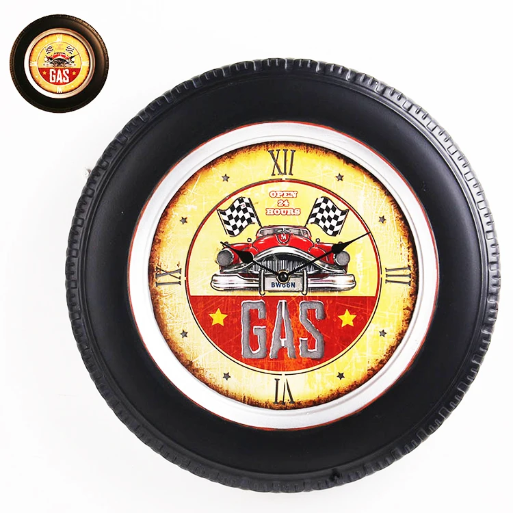 
Factory price antique retro car tire glow iron wall clock for home decor 