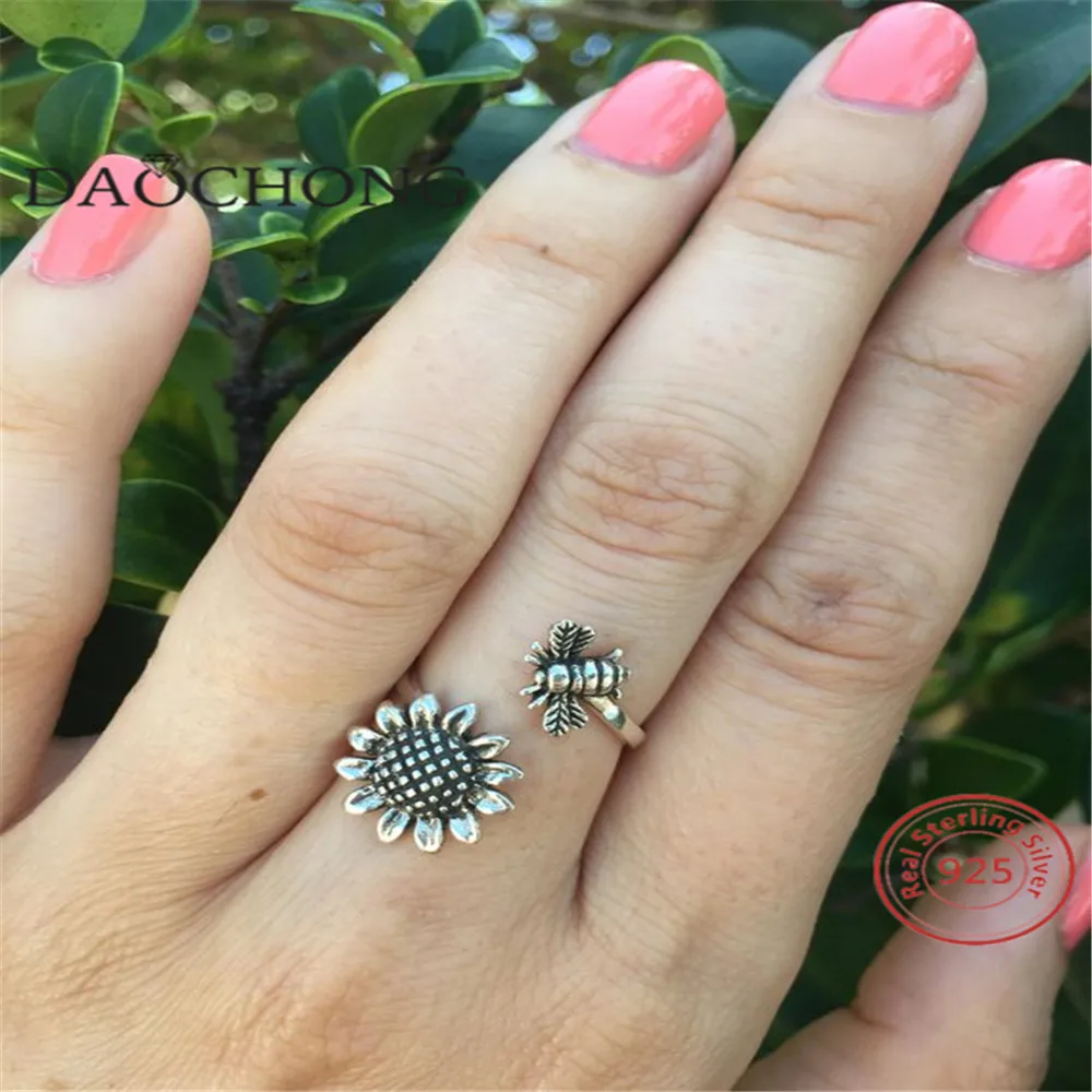 Factory Price 925 Sterling Silver Bee and Flower Spoon Ring
