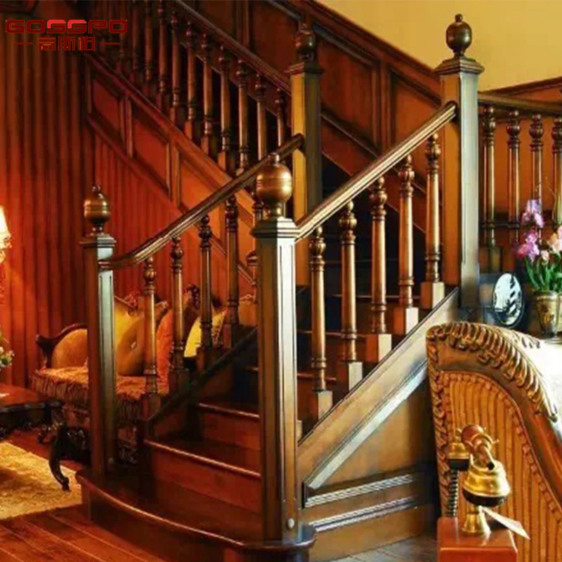 
American Red Oak Interior Antique Carved Wood Staircase 