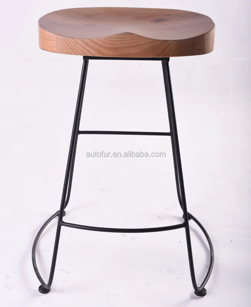Factory Kitchen Metal Leg Wooden Seat solid wood Bar Stool
