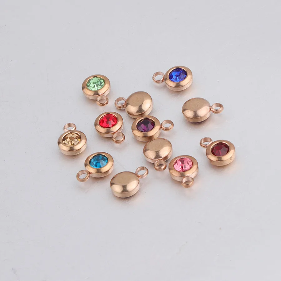 6.5mm Stainless Steel Rhinestones Rose Gold 12 Birthstones Charms for DIY Jewelry Making