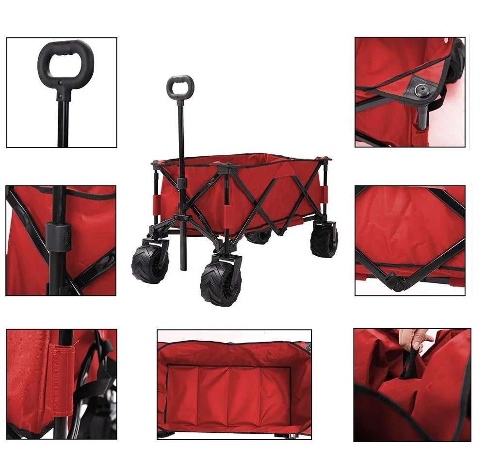 Folding Wagon Cart Heavy Duty Collapsible Utility Wagon All Terrain Outdoor Patio Garden Beach Wagon Cart red