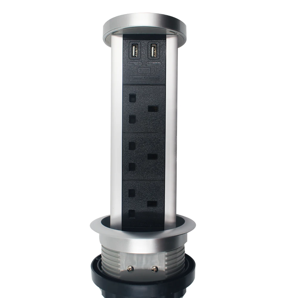 
3UK Plug & 2 USB intelligent wireless charing retractable power motorized tabletop desk smart pop up power strip 