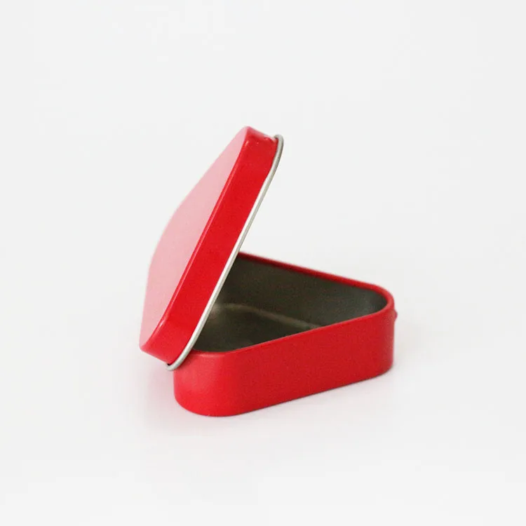 First class food safe small candy mint tin box with hinged lid in triangle shape