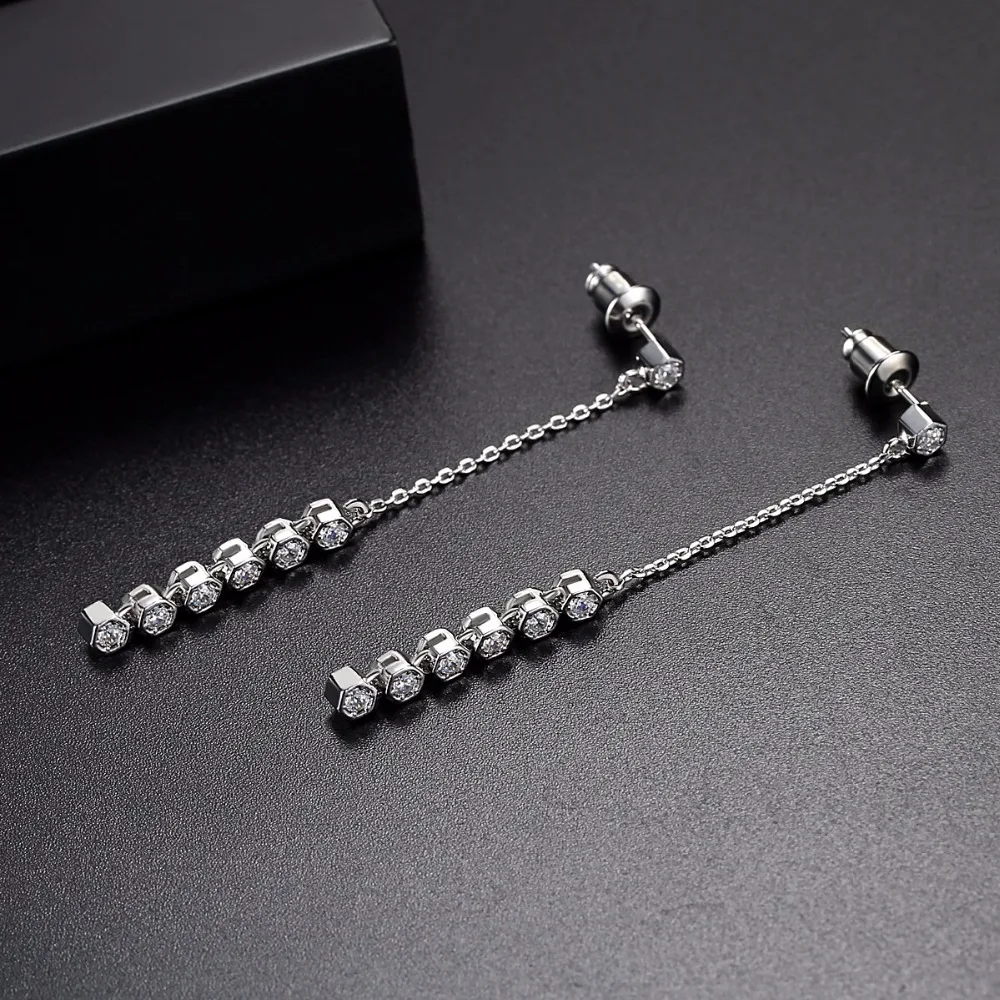 LUOTEEMI Women Silver Color Classic 7pcs Round Cut Cubic Zirconia Statement Link Chain Drop Earrings For Female Dangle Earrings